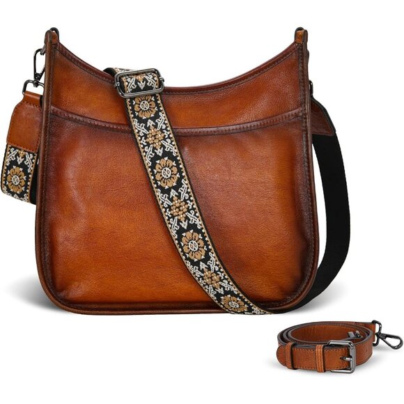Versatile Brown Leather Crossbody Bag with Woven Boho Strap - Travel Essential